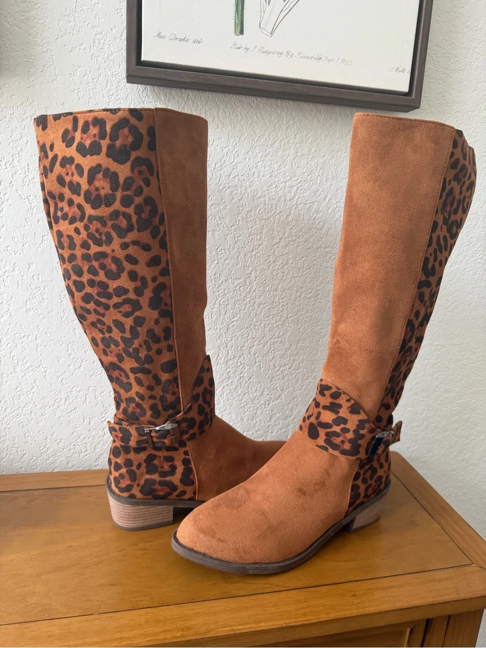 Women's Tall Brown Faux Suede Boots with Leopard Accent